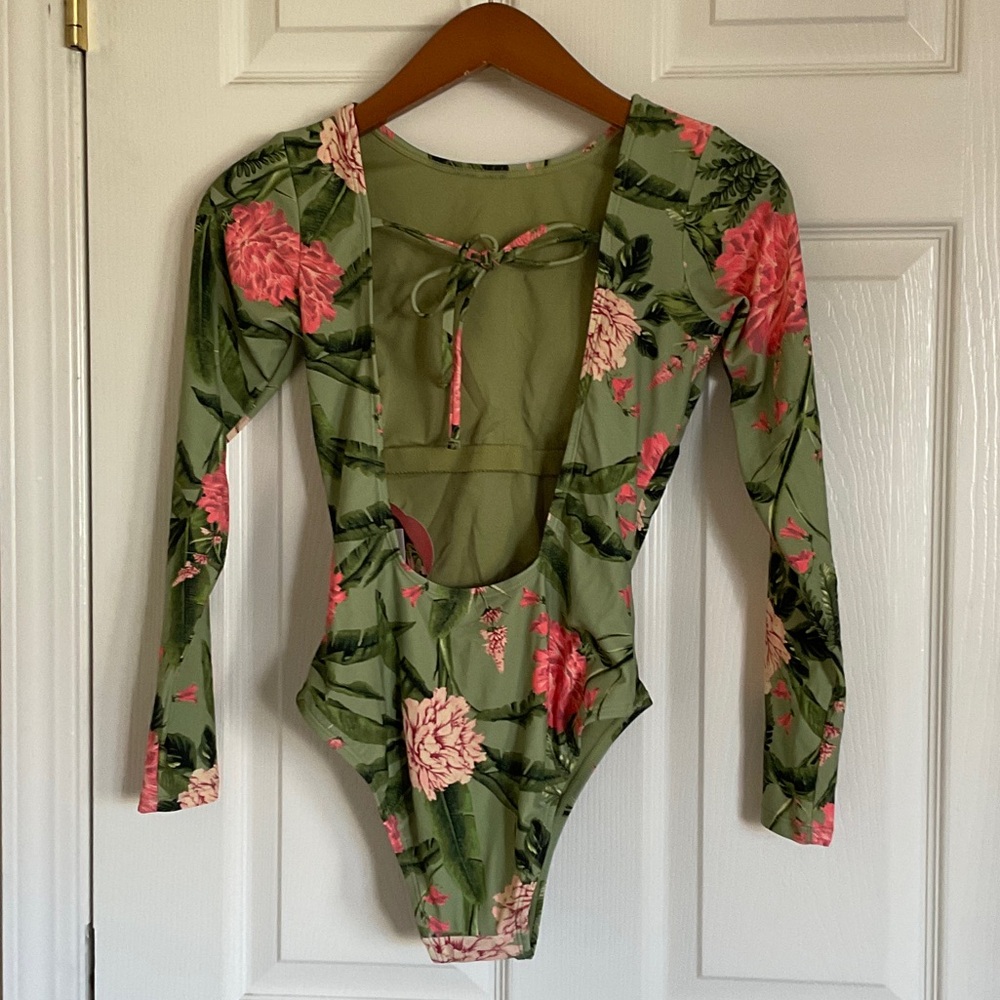 Agua Bendita Green and Pink Floral Swim Bodysuit - Picture 3 of 6